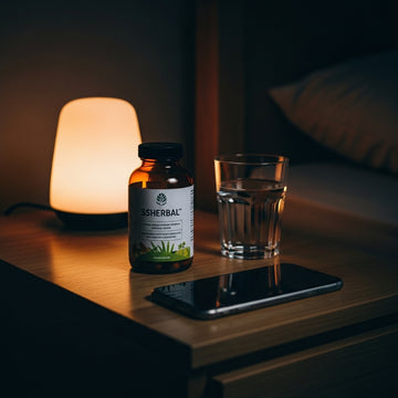 Bottle of Ssherbal supplement on a nightstand with a glass of water and smartphone, illuminated by a warm light.