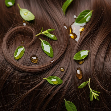 Hair with green leaves and oil droplets on a dark background