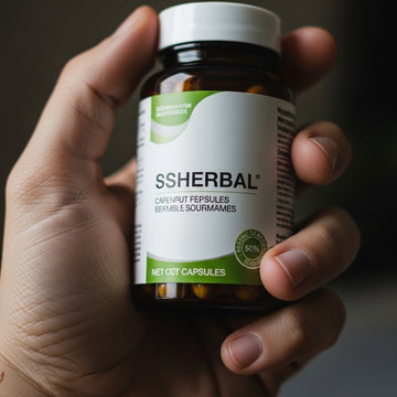 Hand holding a bottle of Ssherbal capsules against a dark background