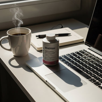 Laptop with a bottle of Ssherbal on a desk next to a steaming cup of coffee.