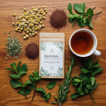 SSHerbal tea packaging with tea leaves and a cup of tea on a wooden surface