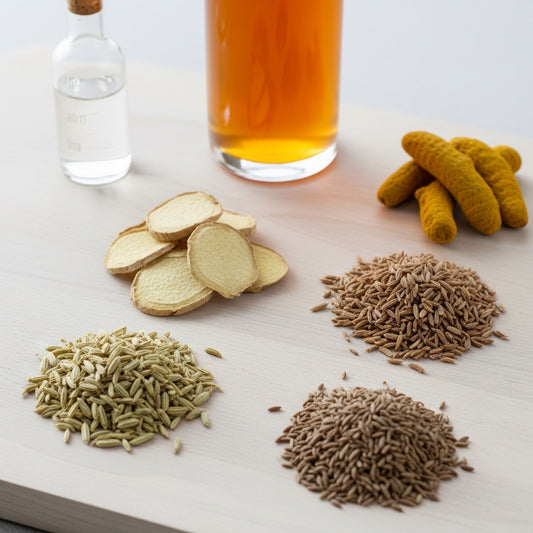Spices and a glass of amber liquid on a light surface