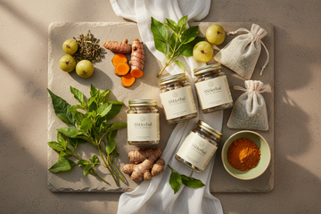 SSHerbal products on a stone surface with herbs and spices