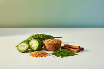 Spices and herbs including fenugreek seeds, cinnamon sticks, and green leaves on a light background